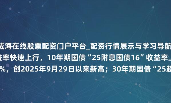 威海在线股票配资门户平台_配资行情展示与学习导航 银行间主要利率债收益率快速上行，10年期国债“25附息国债16”收益率上行2.1bp报1.8825%，创2025年9月29日以来新高；30年期国债“25超长相等国债06”收益率上行1.5bp报2.2990%，创2024年11月20日以来新高。